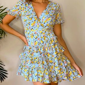 Lulus Light Blue Floral TieredRuffle Mini Dress